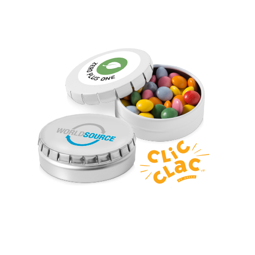 Caramelle in scatola di latta tonda Clic Clac